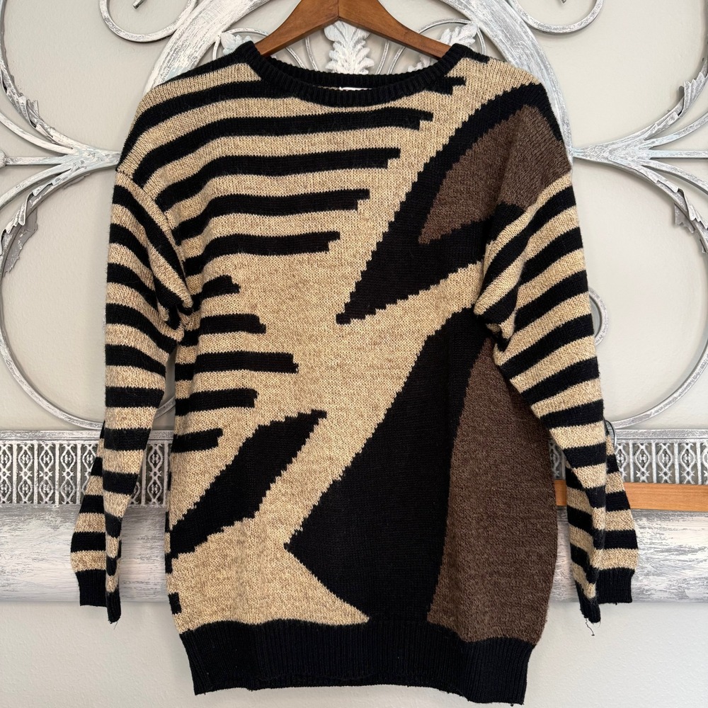 Pronto‎ Moda Vintage Women Abstract Geometric Striped Knit Sweater Brown Tan L